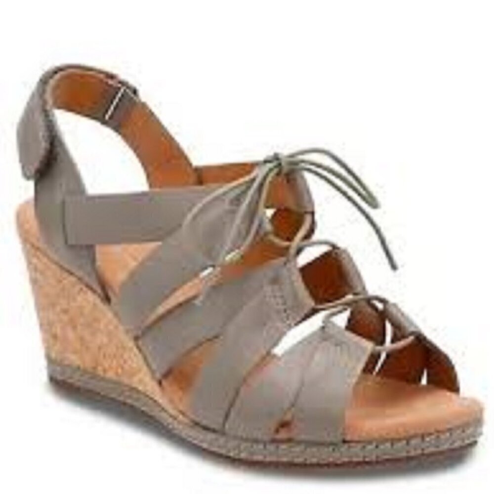 CLARKS Collection Helio Mendin Cork Wedges Women's size 10 Gray & Tan Lace Up